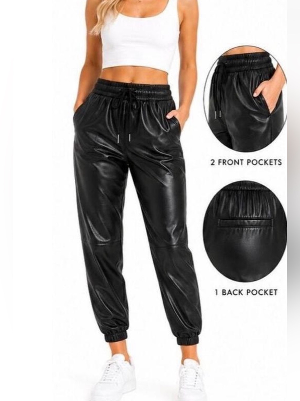 NWT Zara Black Faux Leather Jogger Pants Elastic High Waist Drawstring Cuff XS